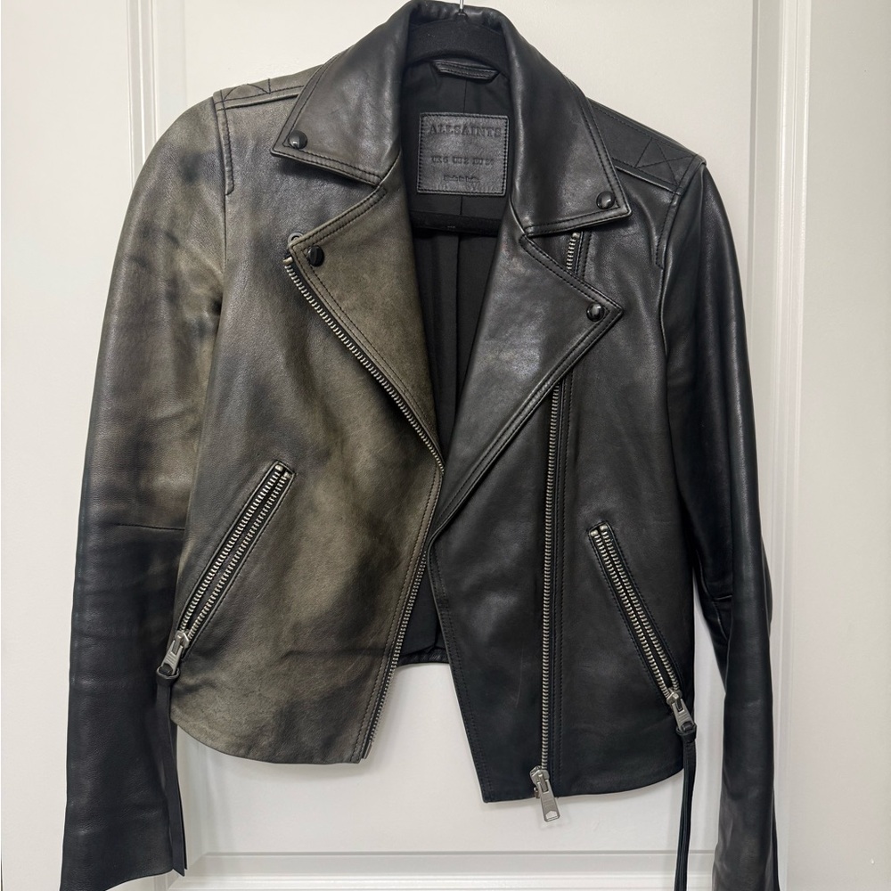 All Saints Dalby Black Leather Moto Jacket with Subtle Distressing/Washed Finish